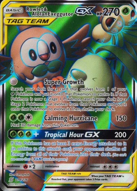 2019 Pokemon Sun & Moon Unified Minds Full Art/Rowlet & Alolan Exeggutor GX #214 TCG Card