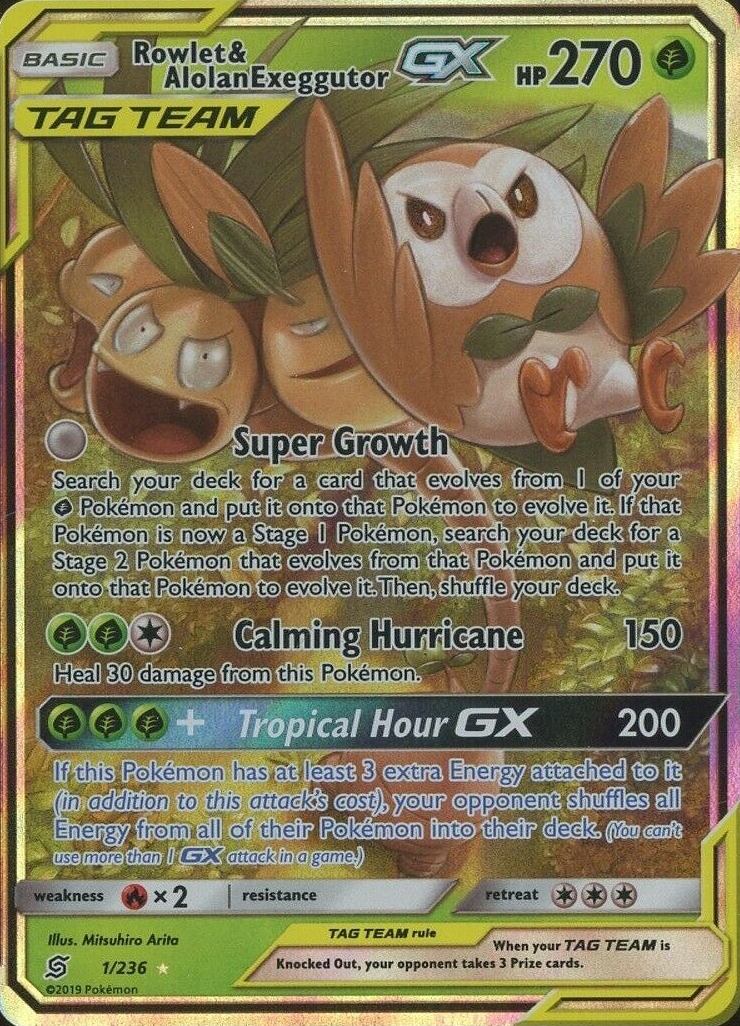 2019 Pokemon Sun & Moon Unified Minds Rowlet & Alolan Exeggutor GX #1 TCG Card