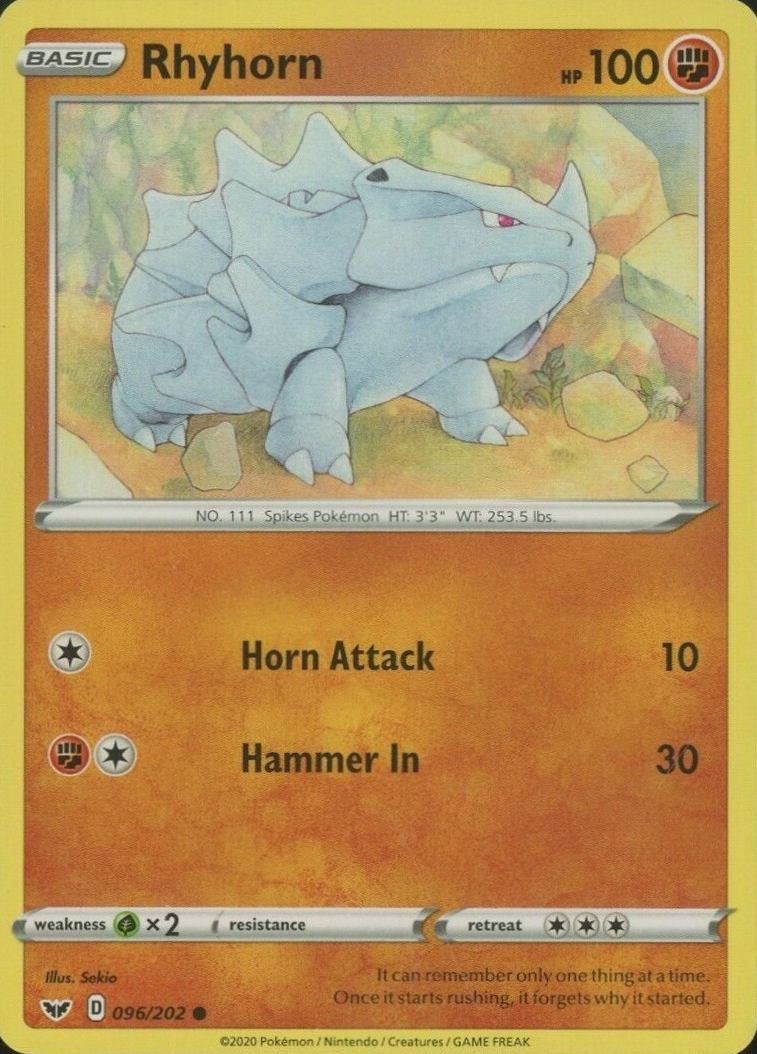 2020 Pokemon Sword & Shield Rhyhorn #096 TCG Card