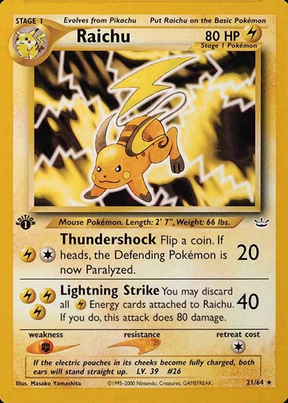 2001 Pokemon Neo Revelation 1st Edition Raichu #21 TCG Card