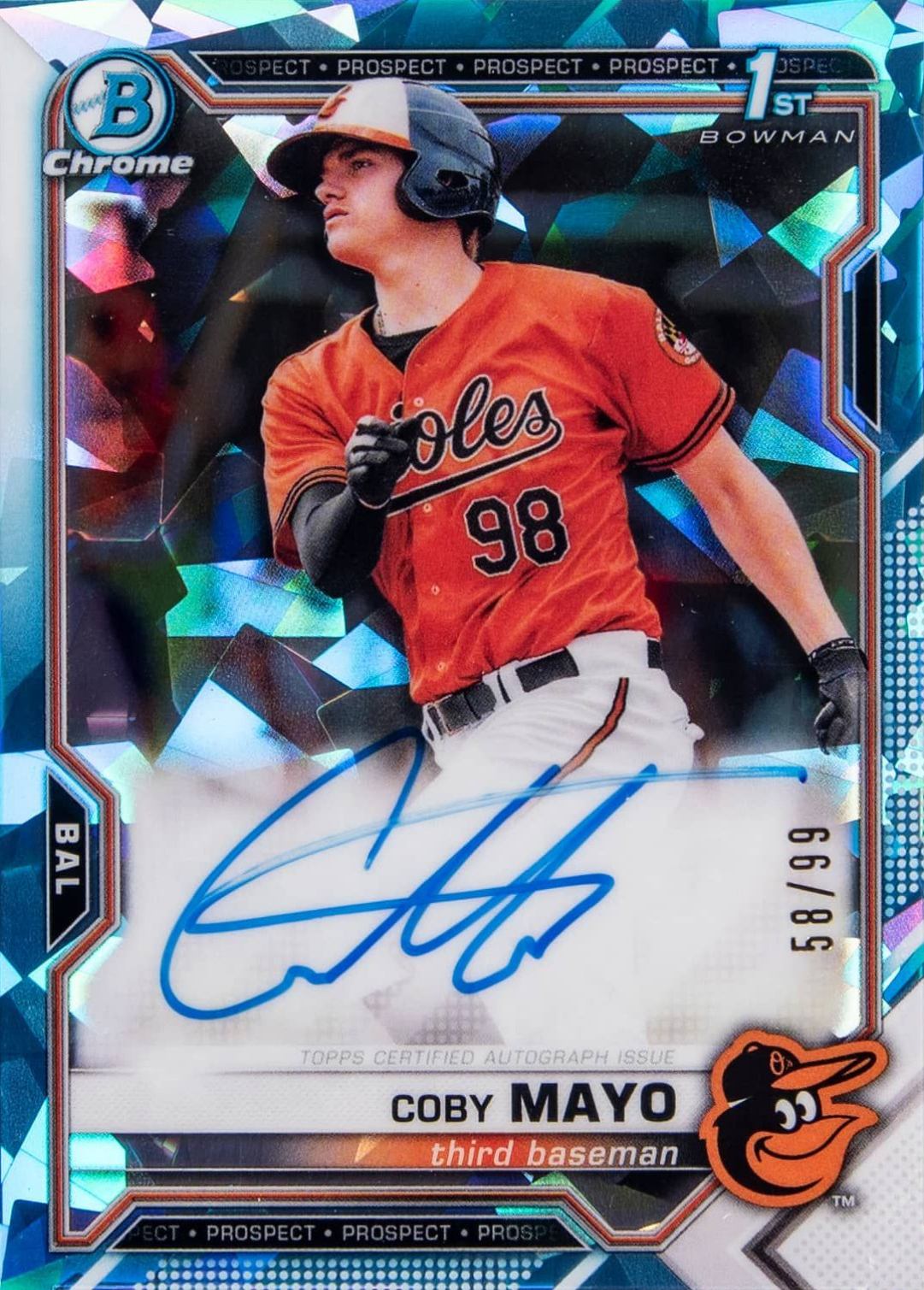 2021 Bowman Chrome Sapphire Edition Autographs Coby Mayo #BSPACM Baseball Card