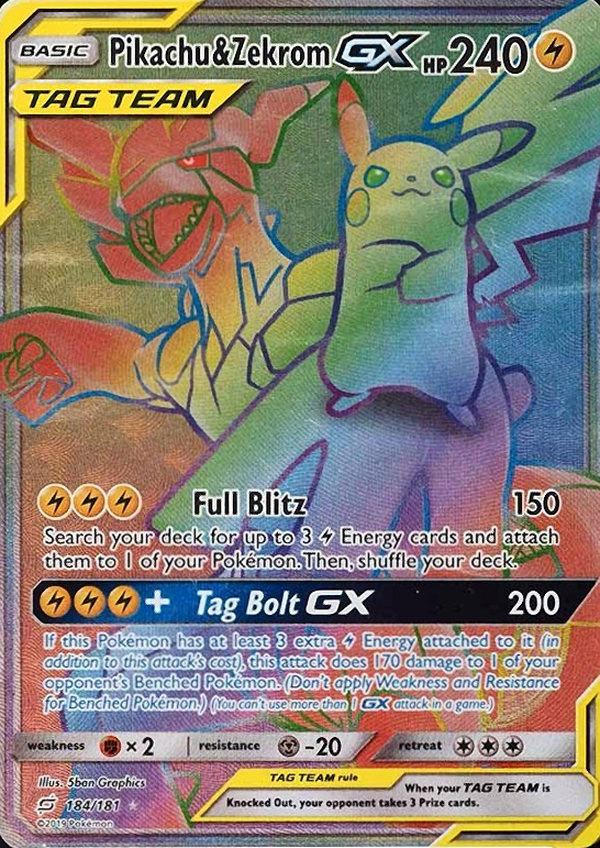 2019 Pokemon Sun & Moon Team Up  Full Art/Pikachu & Zekrom GX #184 TCG Card