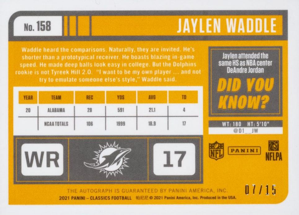 2021 Panini Classics Jaylen Waddle #158 Football Card