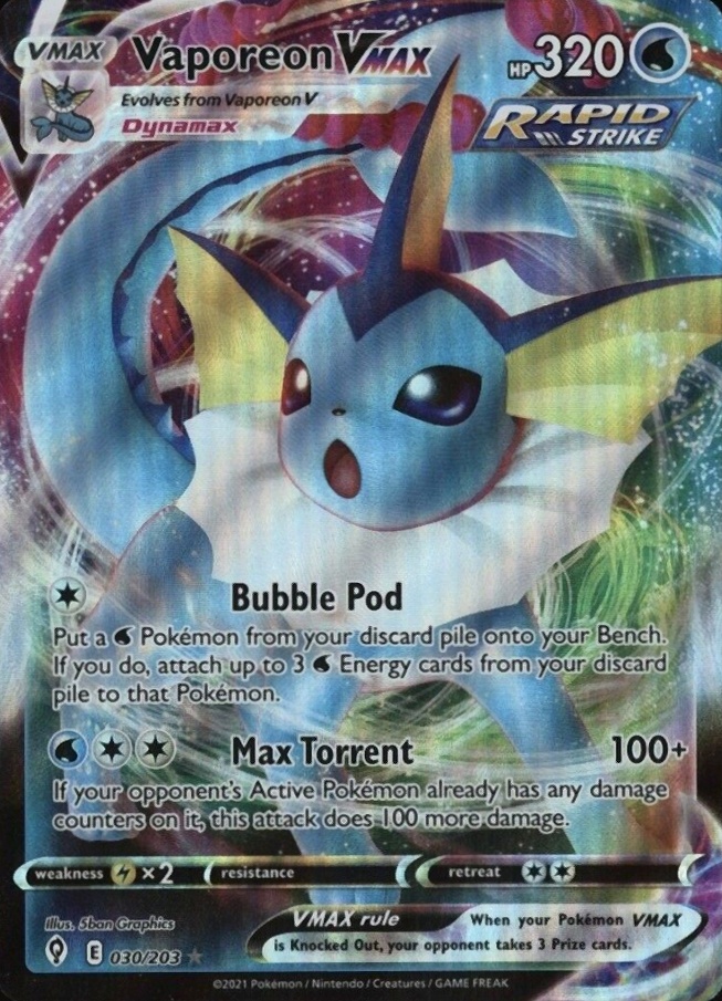 2021 Pokemon Sword & Shield Evolving Skies Full Art/Vaporeon Vmax #030 TCG Card