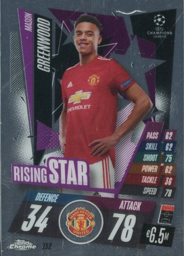 2020 Topps Chrome Match Attax UEFA Champions League Europa League Mason Greenwood #152 Soccer Card