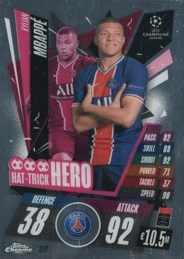 2020 Topps Chrome Match Attax UEFA Champions League Europa League Kylian Mbappe #177 Soccer Card