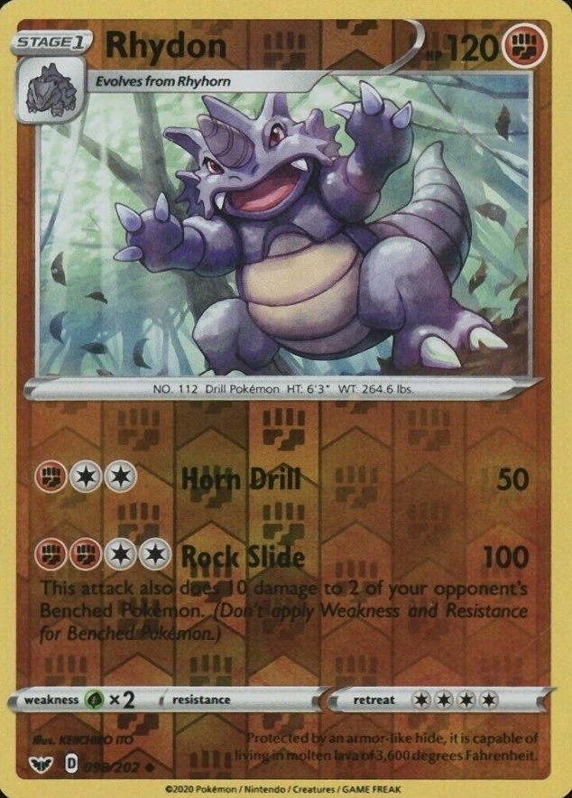 2020 Pokemon Sword & Shield Rhydon-Reverse Foil #098 TCG Card