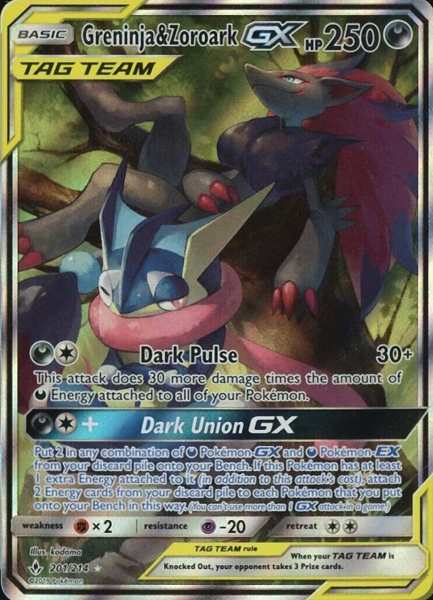 2019 Pokemon Sun & Moon Unbroken Bonds Full Art/Greninja & Zoroark GX #201 TCG Card