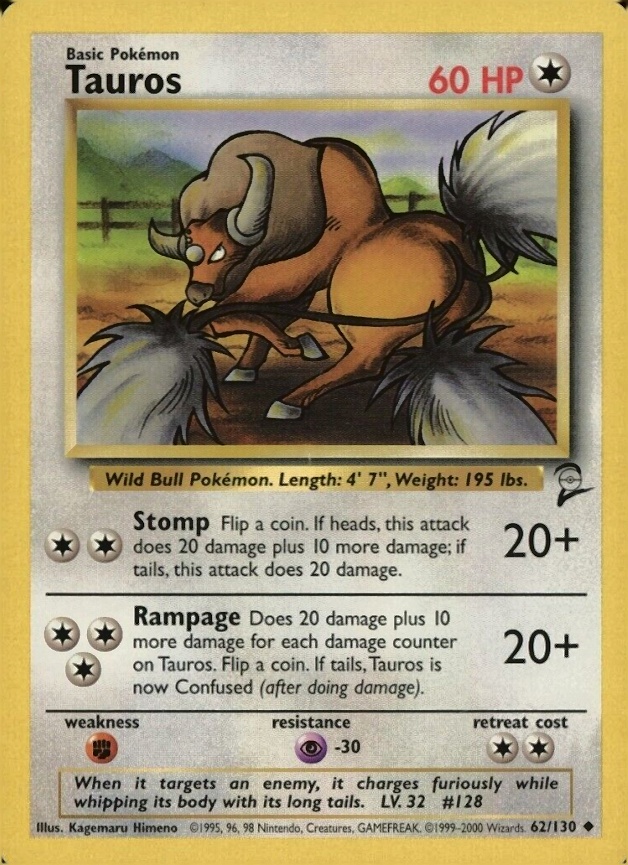 2000 Pokemon Game Base II  Tauros #62 TCG Card