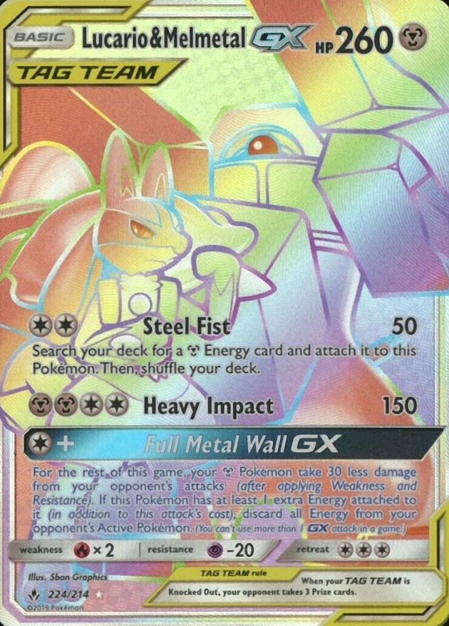 2019 Pokemon Sun & Moon Unbroken Bonds Full Art/Lucario & Melmetal GX #224 TCG Card