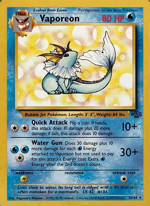 1999 Pokemon Jungle Vaporeon #28 TCG Card