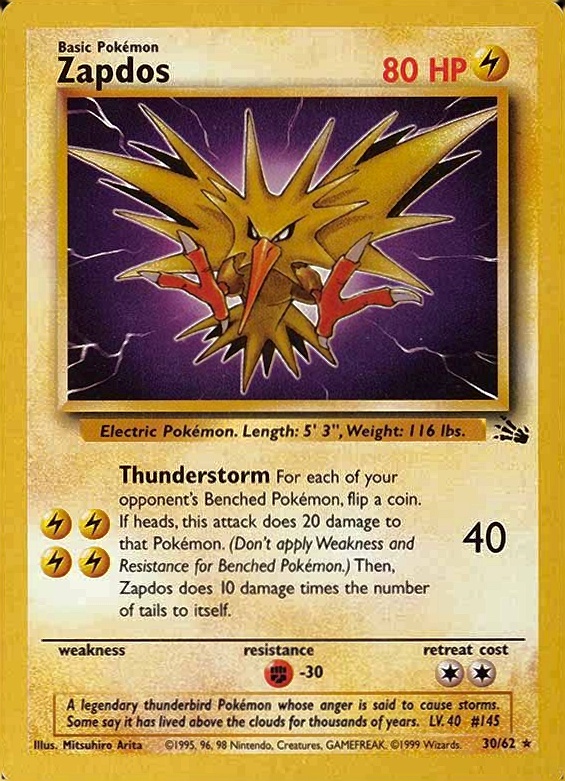 1999 Pokemon Fossil Zapdos #30 TCG Card