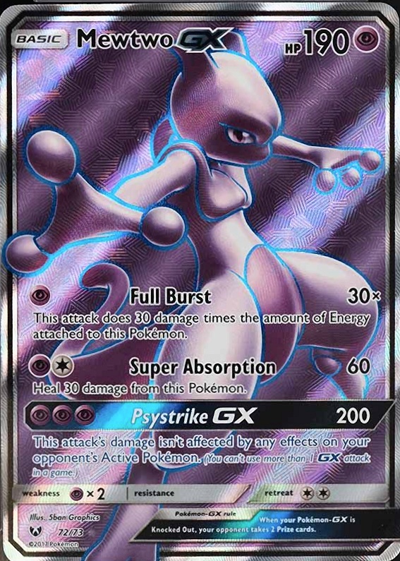 2017 Pokemon Sun & Moon Shining Legends Full Art/Mewtwo GX #72 TCG Card