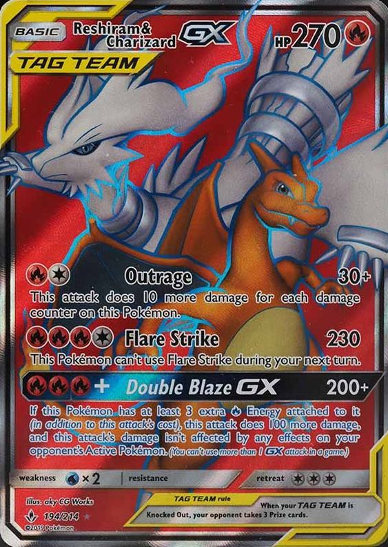 2019 Pokemon Sun & Moon Unbroken Bonds Full Art/Reshiram & Charizard GX #194 TCG Card