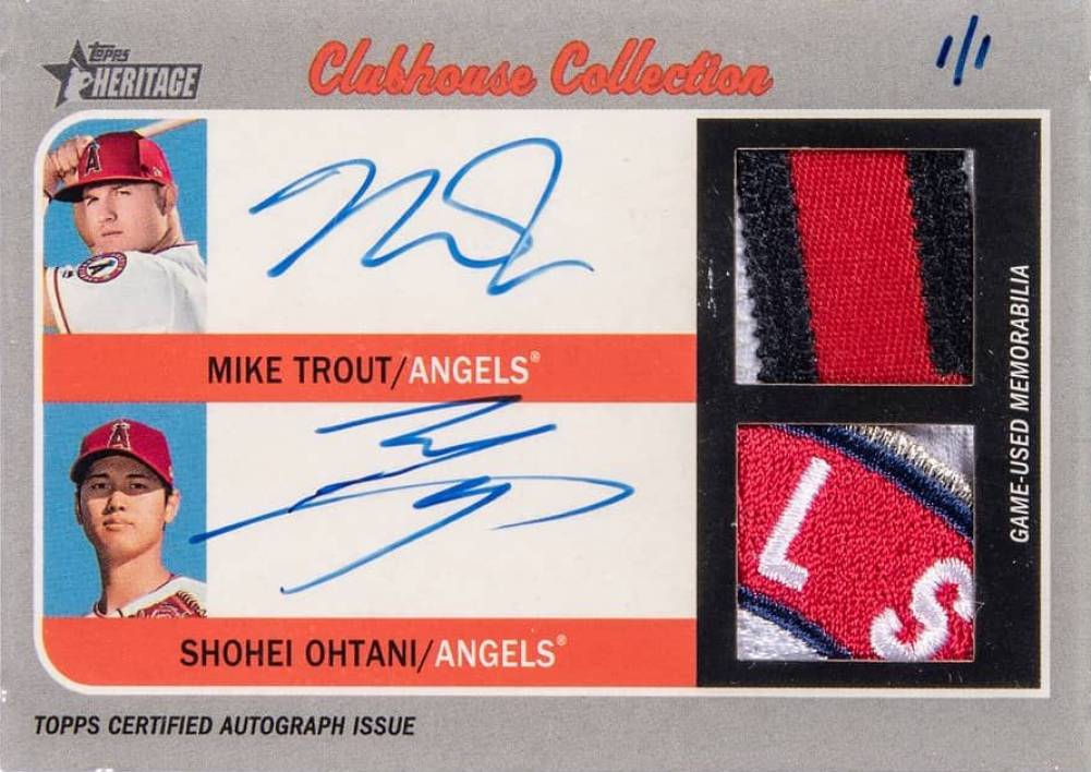 2019 Topps Heritage Clubhouse Collection Dual Autograph Relics Mike Trout/Shohei Ohtani #TO Baseball Card