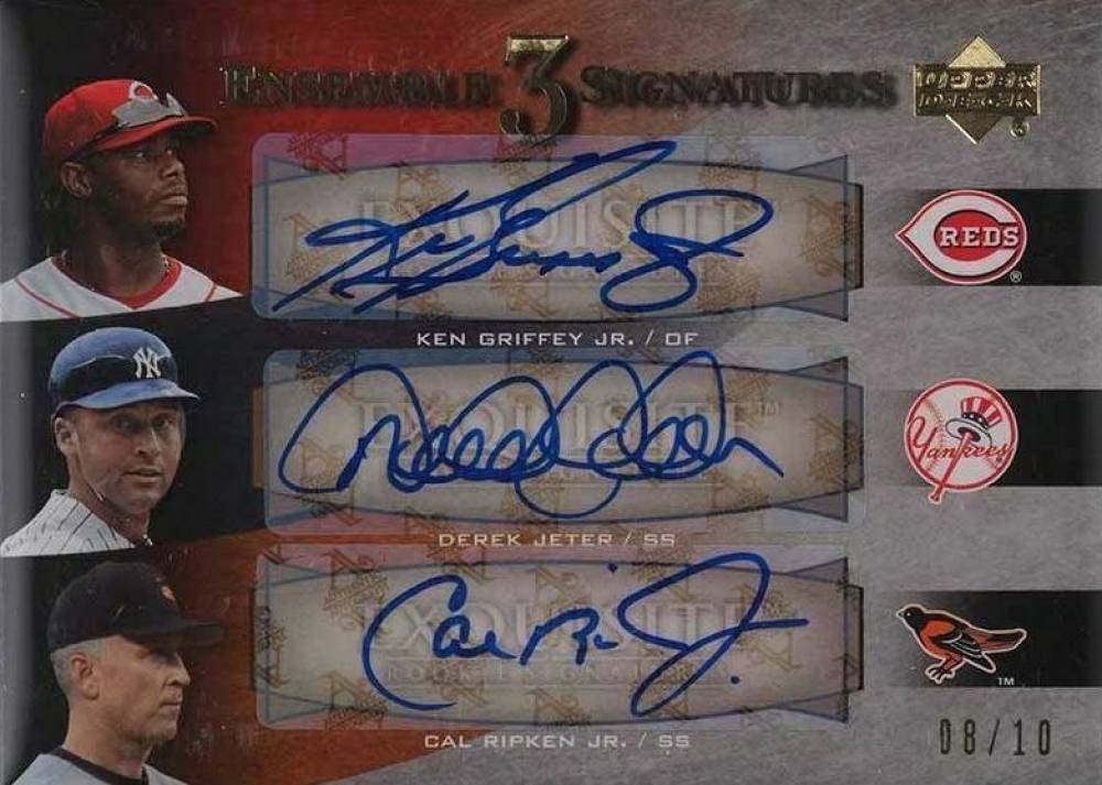 2007 Upper Deck Exquisite Collection Rookie Signatures Ensemble Triple Signatures Ken Griffey Jr./Derek Jeter/Cal Ripken Jr. #EE3-GJR Baseball Card