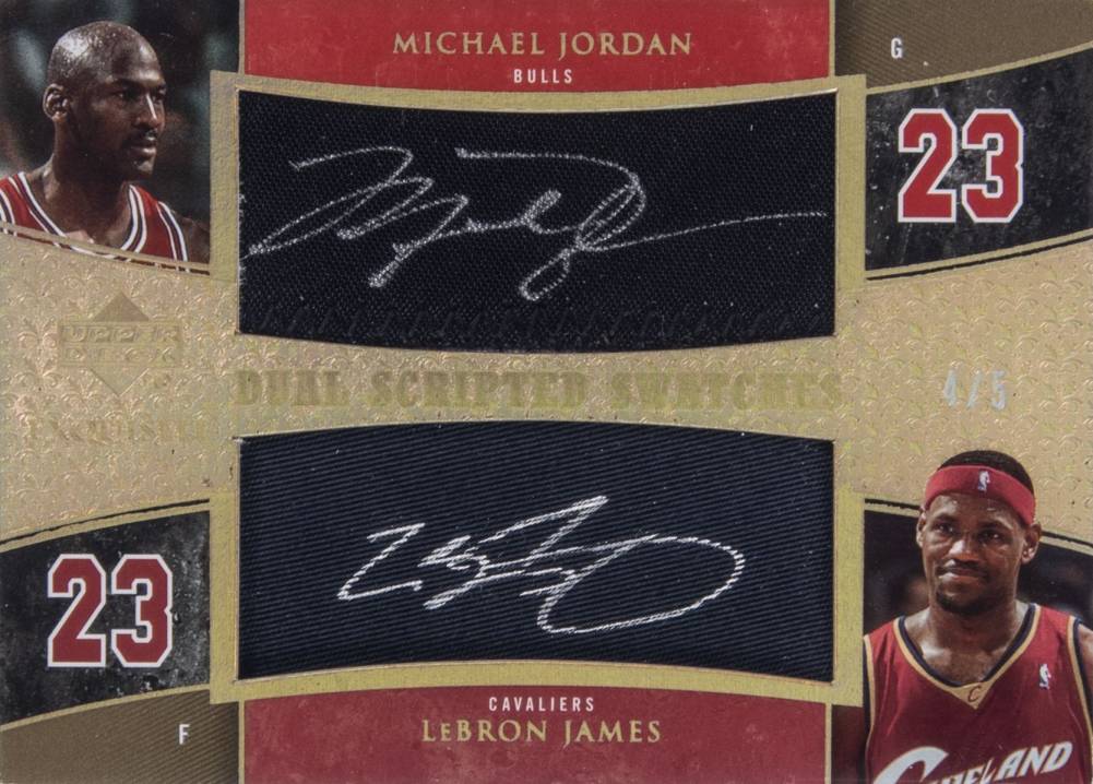 2005 Upper Deck Exquisite Collection Scripted Swatches Dual Michael Jordan/LeBron James #DSSJJ Basketball Card
