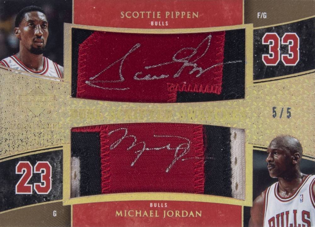 2005 Upper Deck Exquisite Collection Scripted Swatches Dual Scottie Pippen/Michael Jordan #DSSJP Basketball Card