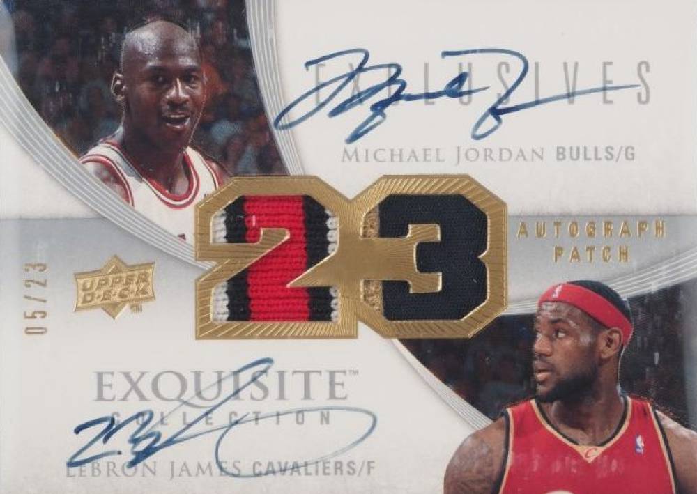 2007 Upper Deck Exquisite Collection Exclusives Autographs Patches Dual Jordan/James #MJ/LJ Basketball Card