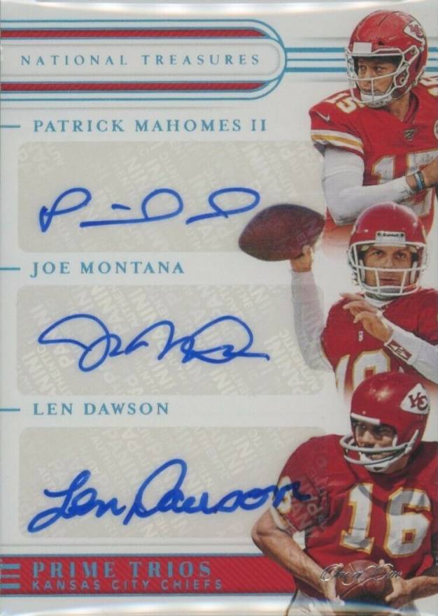 2019 Panini National Treasures Prime Trios Joe Montana/Len Dawson/Patrick Mahomes II #PTKC Football Card