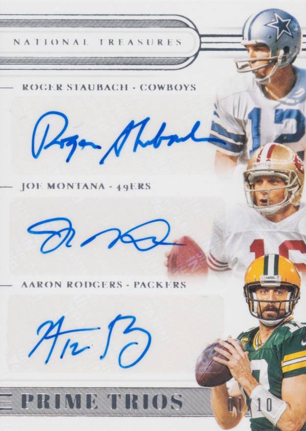 2019 Panini National Treasures Prime Trios Aaron Rodgers/Joe Montana/Roger Staubach #PTQB1 Football Card