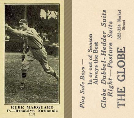 1916 The Globe Clothing Rube Marquard #113 Baseball Card