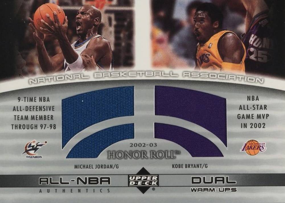 2002 Upper Deck Honor Roll All-NBA Authentic Combo Jersey Kobe Bryant/Michael Jordan #MJKBW Basketball Card