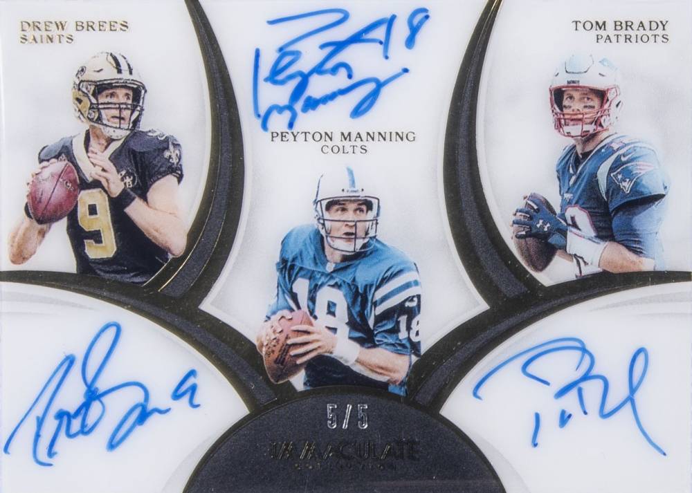 2019 Panini Immaculate Collection Collegiate Immaculate Trios Autographs Drew Brees/Peyton Manning/Tom Brady #1 Football Card