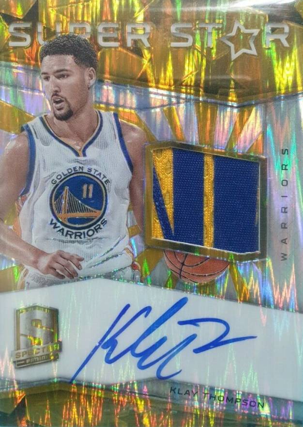 2015 Panini Spectra Superstar Materials Autographs Prizms Klay Thompson #SM-KTH Basketball Card