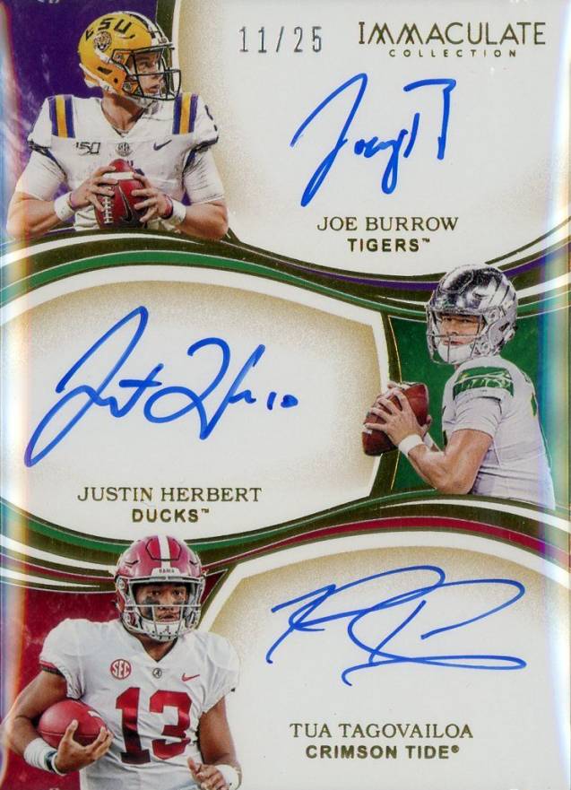 2020 Panini Immaculate Collegiate Immaculate Trios Autographs Joe Burrow/Justin Herbert/Tua Tagovailoa #4 Football Card