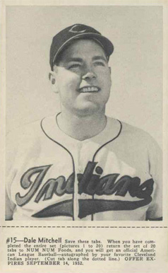 1952 Num Num Cleveland Indians Dale Mitchell #15 Baseball Card