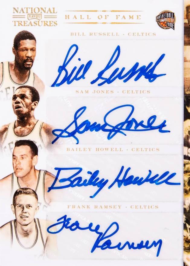 2010 Playoff National Treasures Hall of Fame Signatures Quads Bill Russell/Bailey Howell/Frank Ramsey/Sam Jones #3 Basketball Card