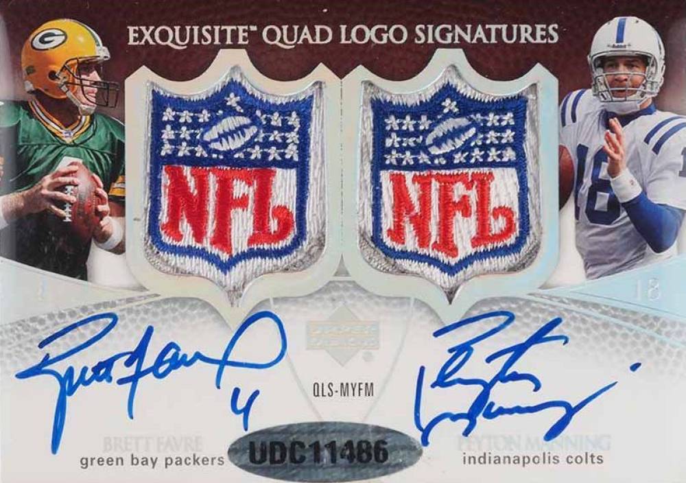 2007 Upper Deck Exquisite Collection Quad Logo Signatures 1/1 Brett Favre/Dan Marino/Peyton Manning/Steve Young #MYFM Football Card