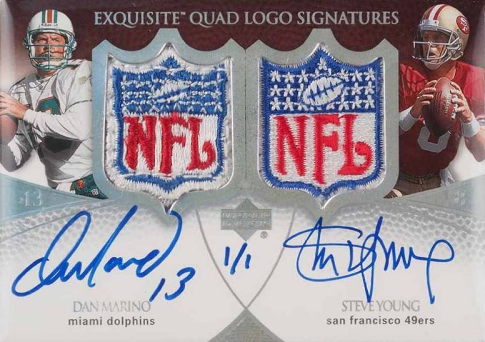 2007 Upper Deck Exquisite Collection Quad Logo Signatures 1/1 Brett Favre/Dan Marino/Peyton Manning/Steve Young #MYFM Football Card