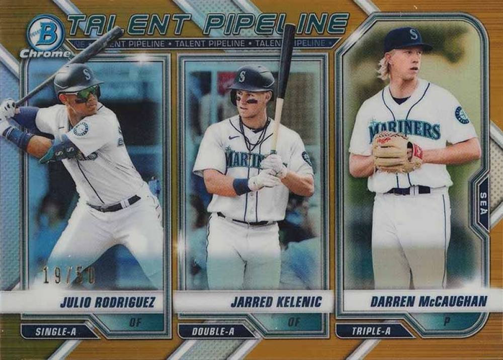 2021 Bowman Chrome Talent Pipeline Darren Mccaughan/Jarred Kelenic/Julio Rodriguez #SEA Baseball Card