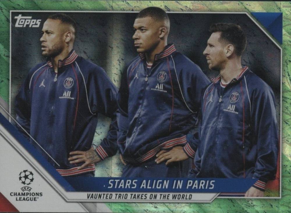 2021 Topps UEFA Champions League Jade Edition Kylian Mbappe/Lionel Messi/Neymar Jr #62 Soccer Card