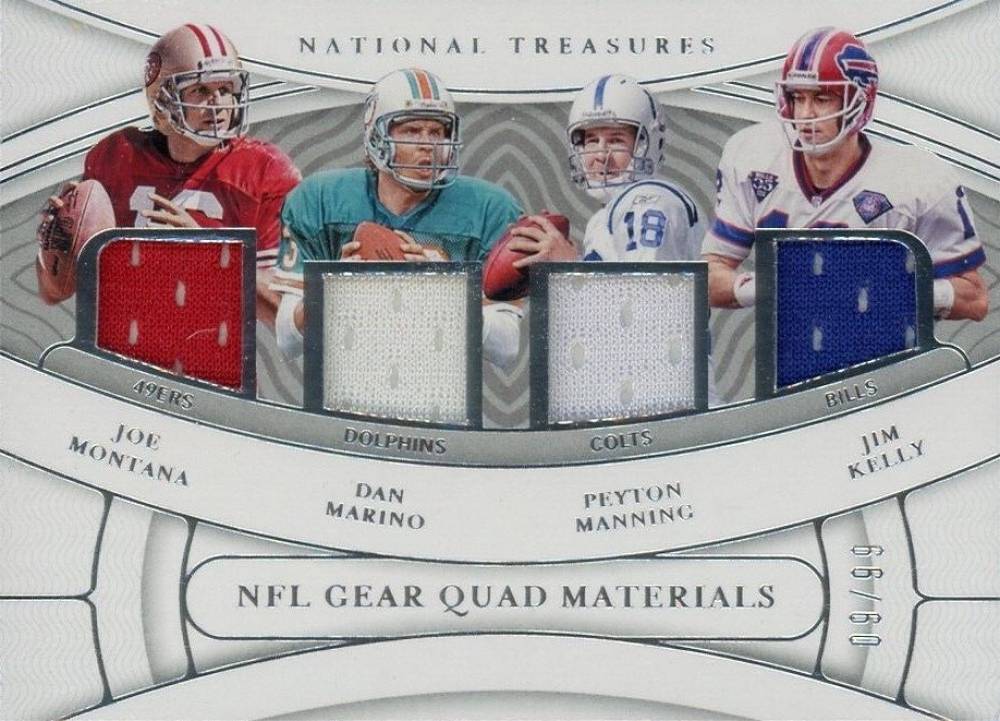 2021 Panini National Treasures NFL Gear Quad Materials Dan Marino/Jim Kelly/Joe Montana/Peyton Manning #JDPJ Football Card