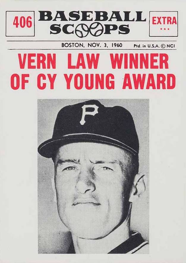 1961 Nu-Card Baseball Scoops Vern Law Winner of Cy Young Award #406 Baseball Card