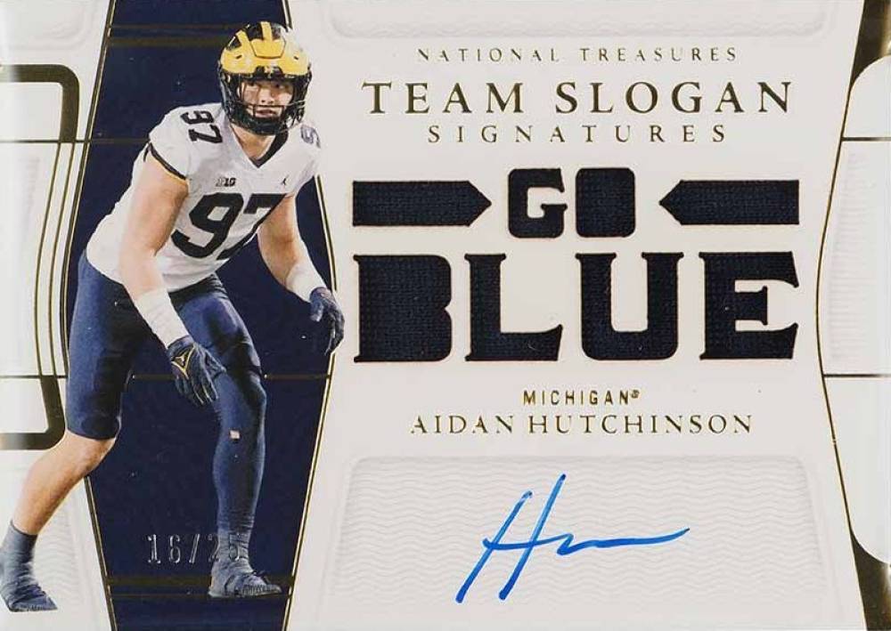 2022 Panini National Treasures Collegiate Team Slogan Signatures Die-Cuts Aidan Hutchinson #SLAHU Football Card