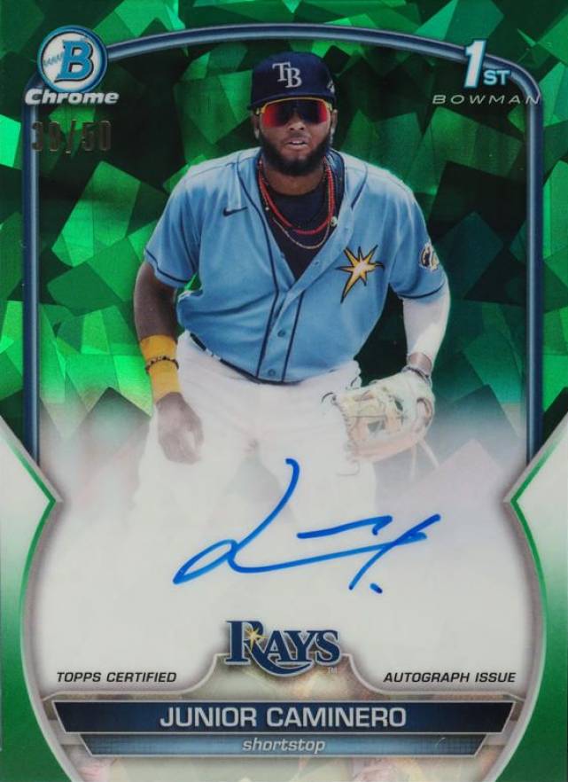 2023 Bowman Sapphire Edition Chrome Prospects Autographs Junior Caminero #BSPAJCO Baseball Card