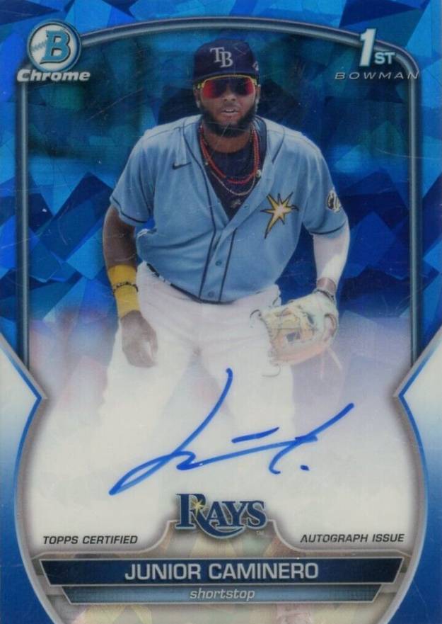 2023 Bowman Sapphire Edition Chrome Prospects Autographs Junior Caminero #BSPAJCO Baseball Card