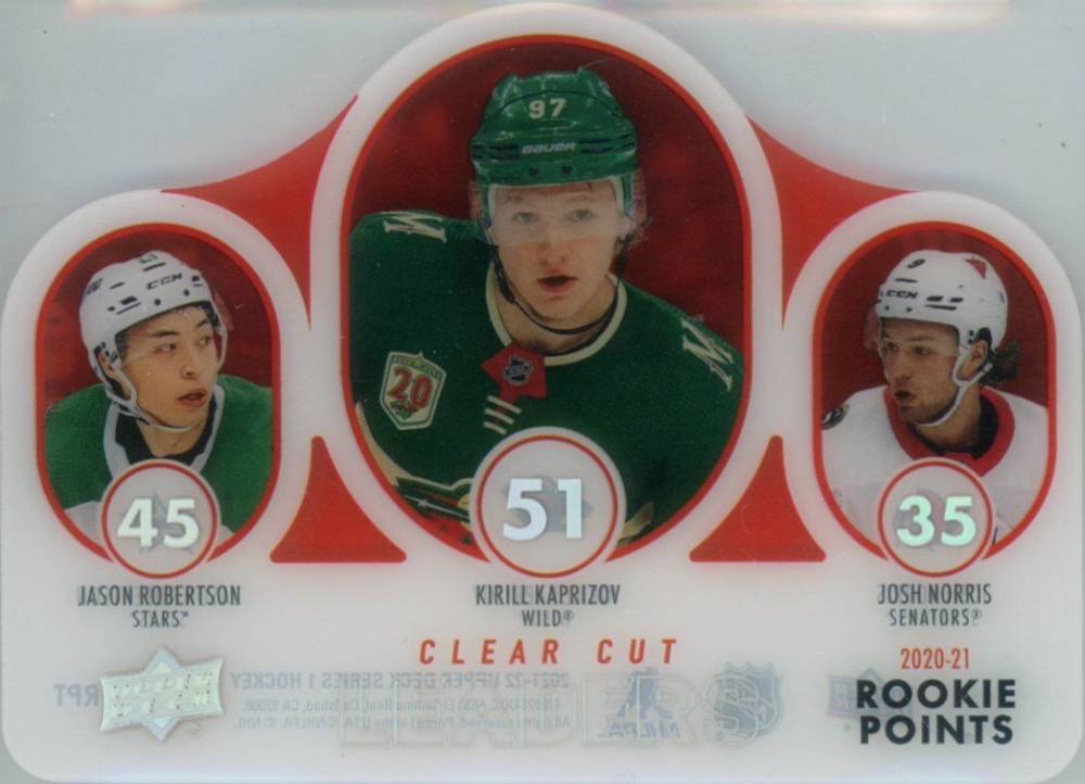 2021 Upper Deck Clear Cut Leaders Jason Robertson/Josh Norris/Kirill Kaprizov #CCLRPT Hockey Card