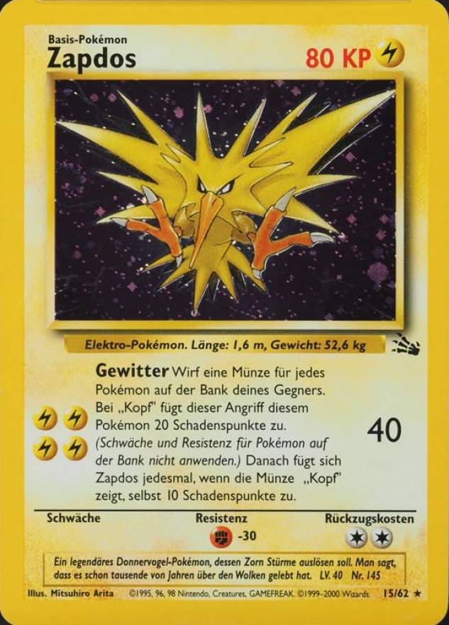 2000 Pokemon German Fossil Zapdos-Holo #15 TCG Card