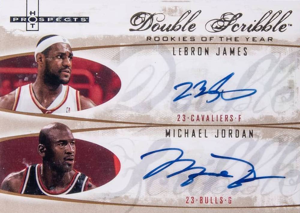 2007 Fleer Hot Prospects Double Scribble LeBron James/Michael Jordan #DS-JJ Basketball Card
