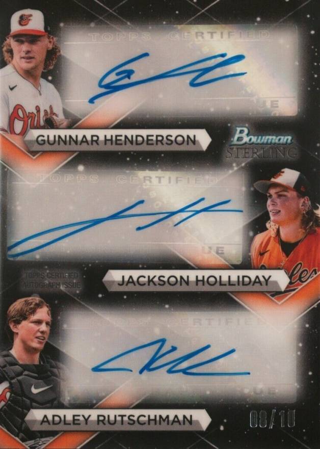 2023 Bowman Sterling Triple Refractor Autographs Adley Rutschman/Gunnar Henderson/Jackson Holliday #TRAHHR Baseball Card