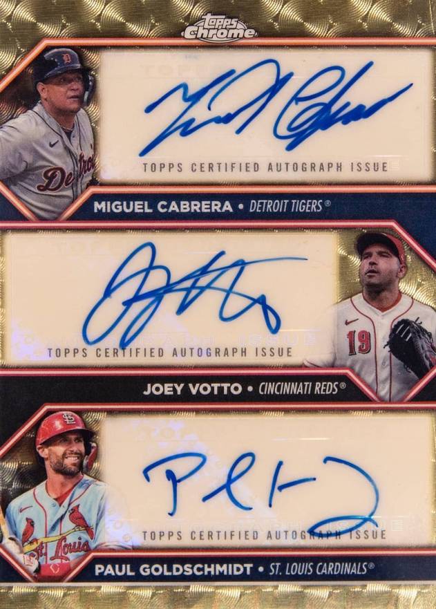 2023 Topps Chrome Update Triple Autographs Joey Votto/Miguel Cabrera/Paul Goldschmidt #CVG Baseball Card