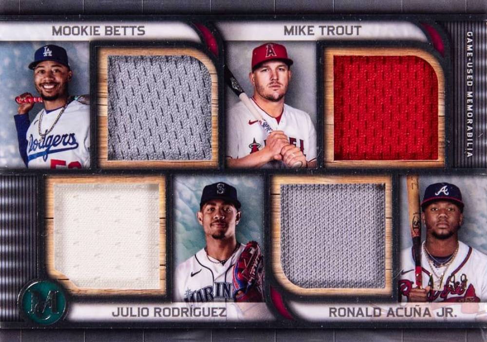 2023 Topps Museum Collection Four-Player Primary Pieces Quad Relics Julio Rodriguez/Mike Trout/Mookie Betts/Ronald Acuna Jr. #BTRA Baseball Card