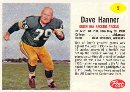 1962 Post Cereal Dave Hanner #5 Football Card