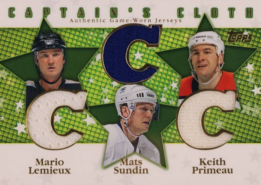 2002 Topps Captain's Cloth Keith Primeau/Mario Lemieux/Mats Sundin #CC6 Hockey Card