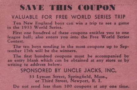 1933 Uncle Jacks Candy Redemption Coupon # Baseball Card